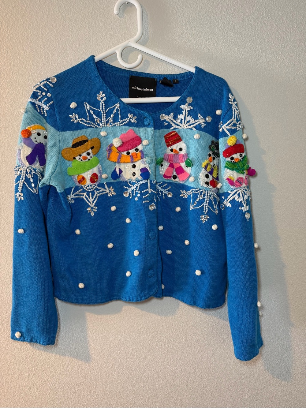 Vintage Michael Simon Cardigan Sweater Size Small Snowman Christmas Holiday